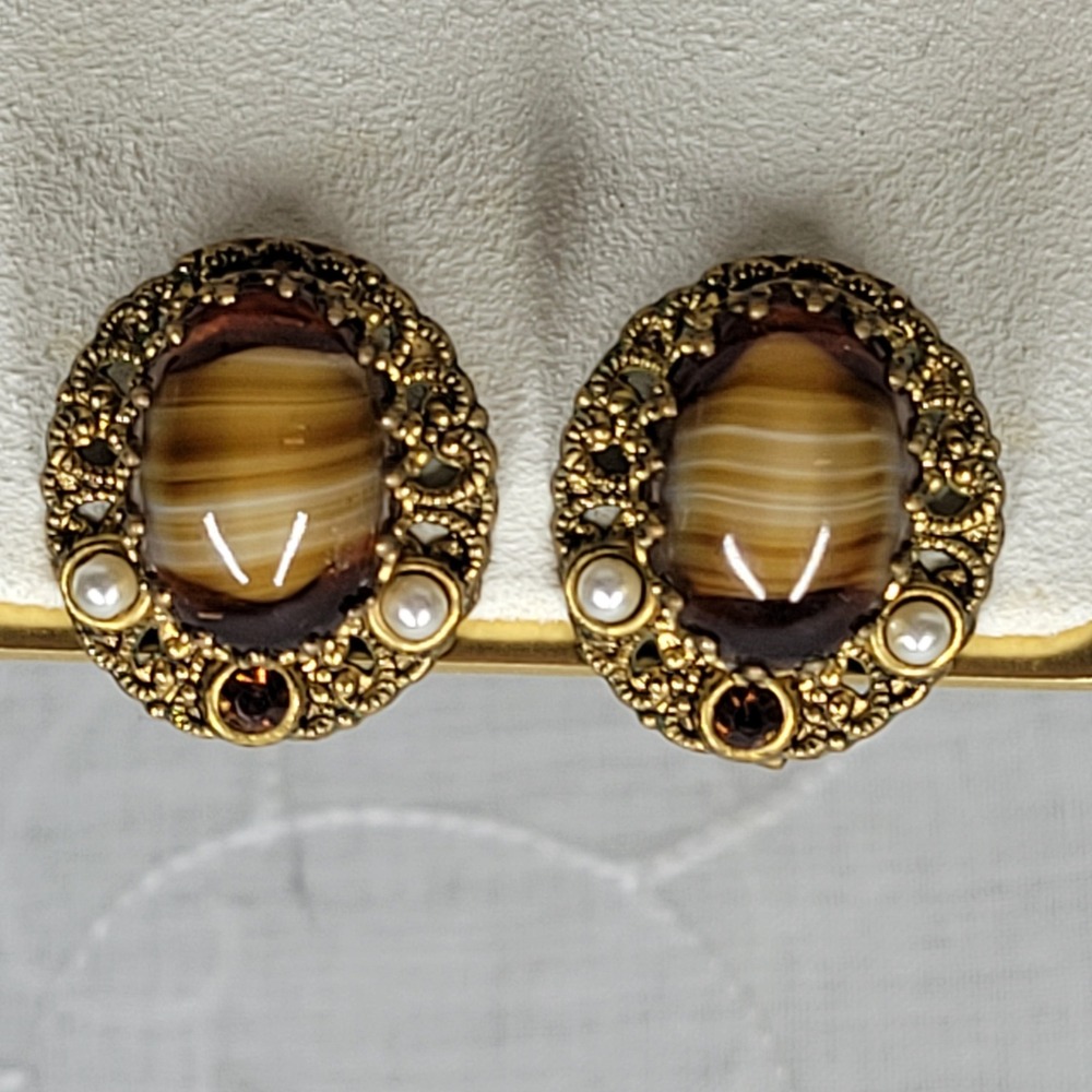 Vintage Clip On Earrings West German Porphyry Glass Pearl Rhinestone Gold Tone